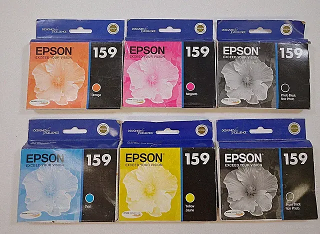 EPSON 159 Ink C,M,Y,O & 2 B - Ink Lot Of 6 Genuine OEM Sealed Box Exp. 2014-16