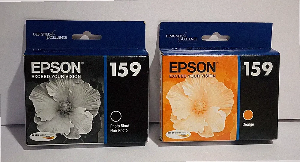 Lot Of 2 EPSON 159 Ink Photo Black & Orange Ink Genuine New Sealed Exp 2020