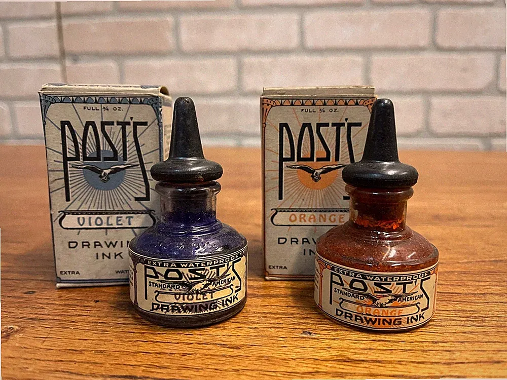 Scarce Post's American Orange Violet Drawing Ink 1930s Bottles W/ Box