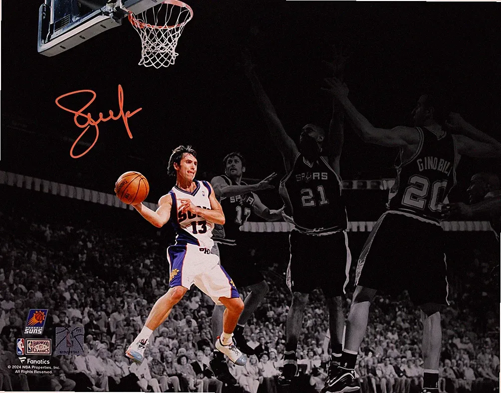 Steve Nash Suns Autographed 11x14 Passing vs. Spurs Spotlight Photo - Orange Ink